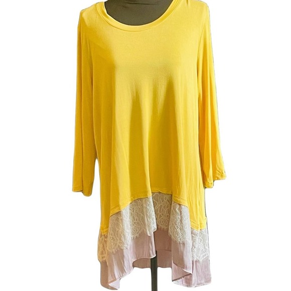 LOGO Lori Goldstein Mustard Yellow Lace Embroidered Sheer Layered Tunic XL - Picture 3 of 10